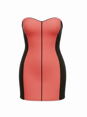 Strapless Hot Pink and Black Colorblock Bodycon Dress